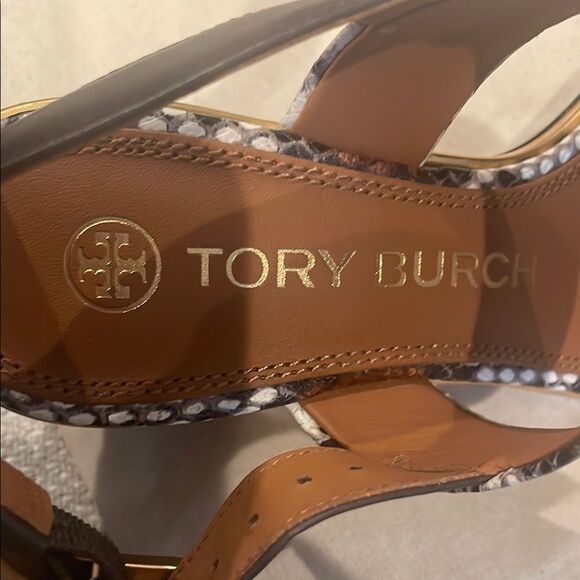 Tory Burch Brown and Black Snakeskin Chunky Heeled Sandals - Picture 2 of 8